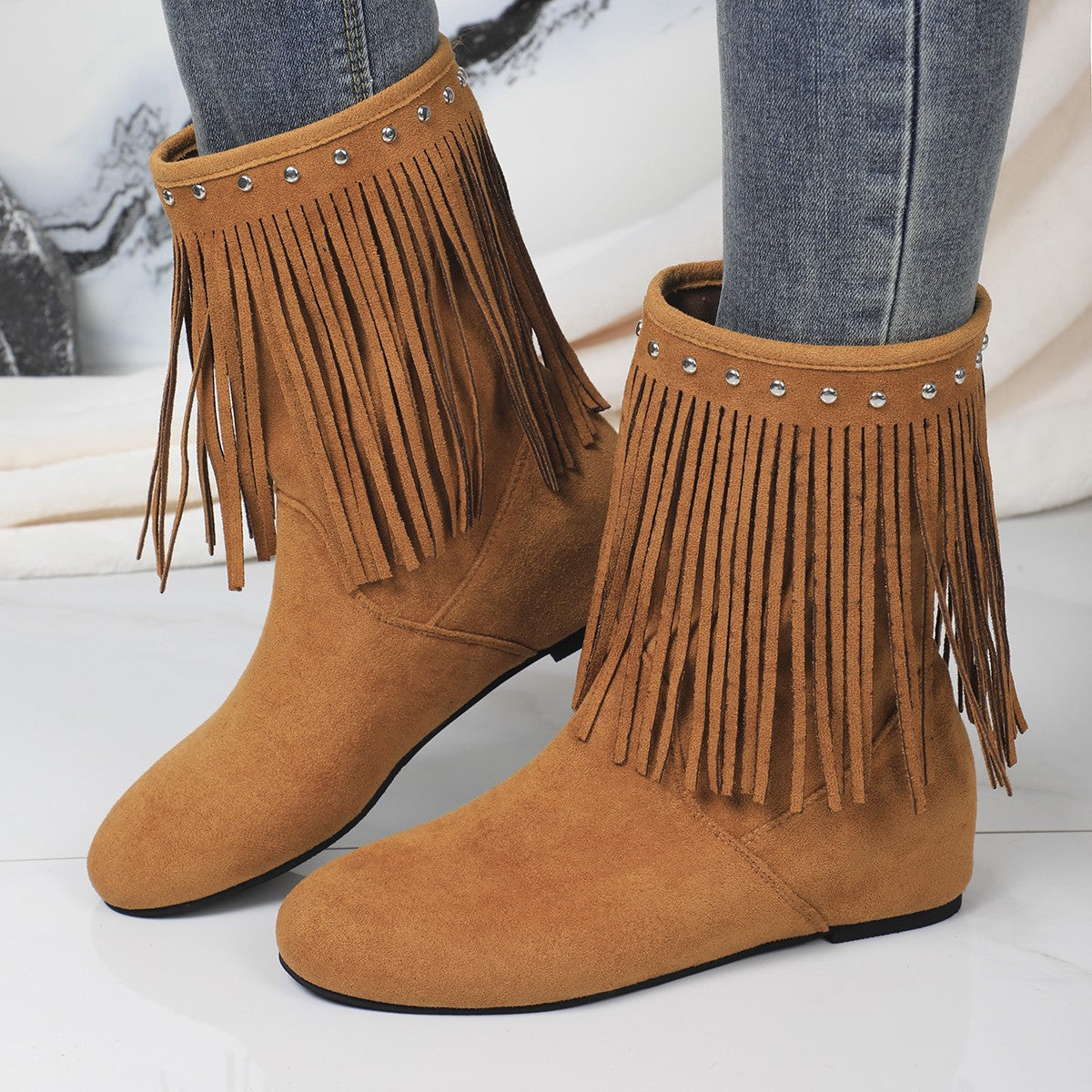 Women's Mid-Calf Suede Boots with Fringe Tassels and Cushioned Soles