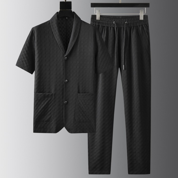 Men Textured Weave Drawstring Waist Shorts Set