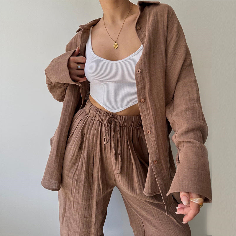 Women's Knitted Button-Up Shirt and Drawstring Pants Set