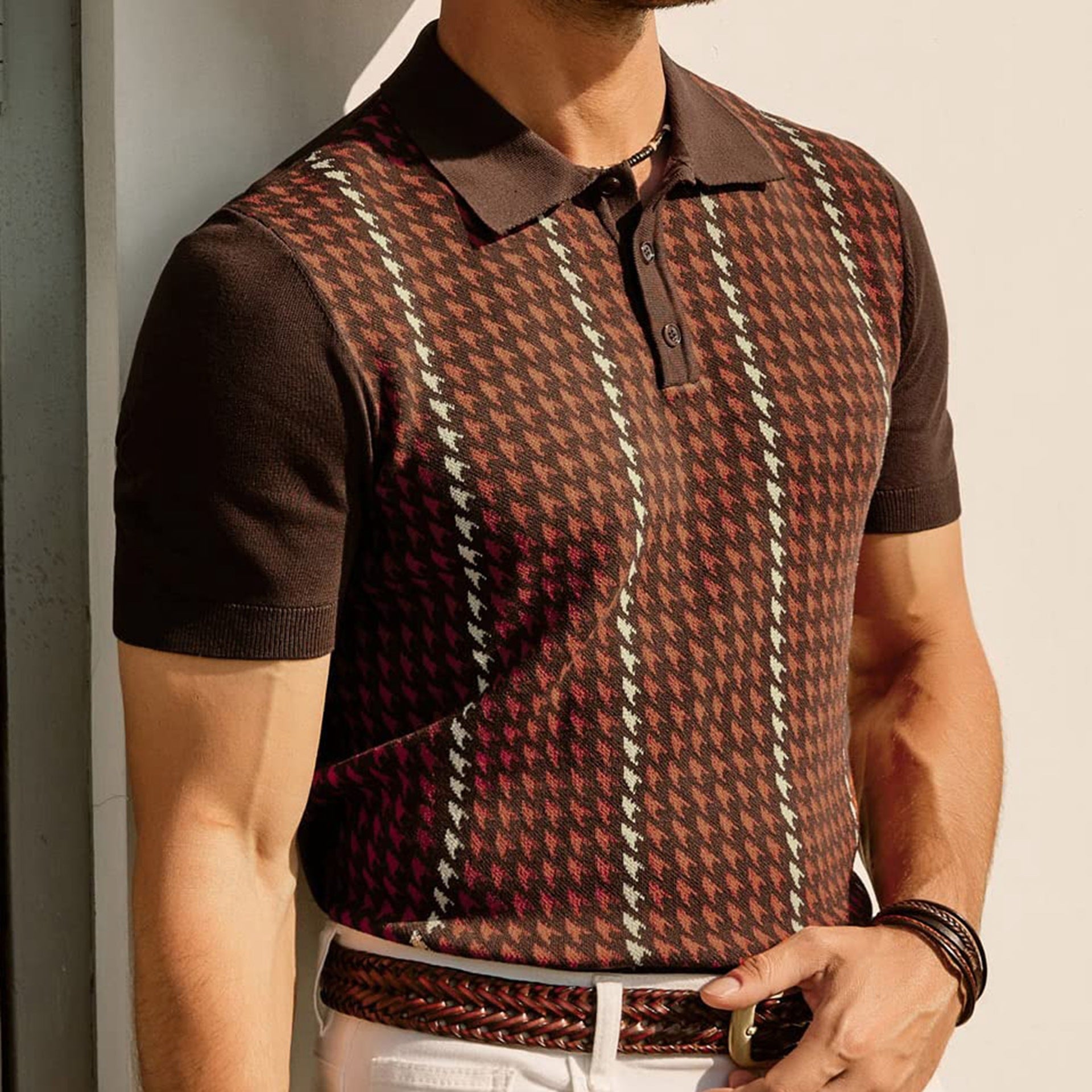Men’s Polo Shirt Tailored Fit With Houndstooth Pattern Lightweight Knit