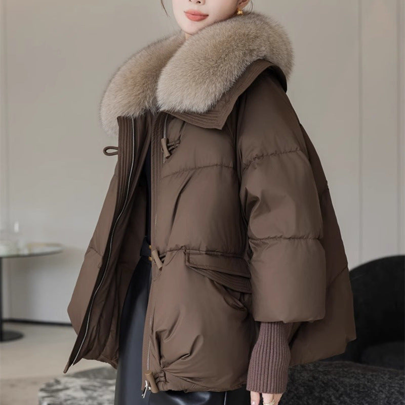 Women's Winter Puffer Jacket with Plush Fur Collar and Cinched Waist