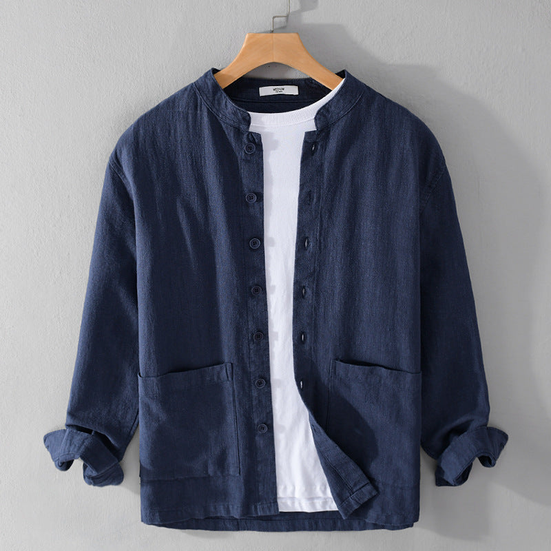Men's Linen Shirt Button-Up Collarless Lightweight
