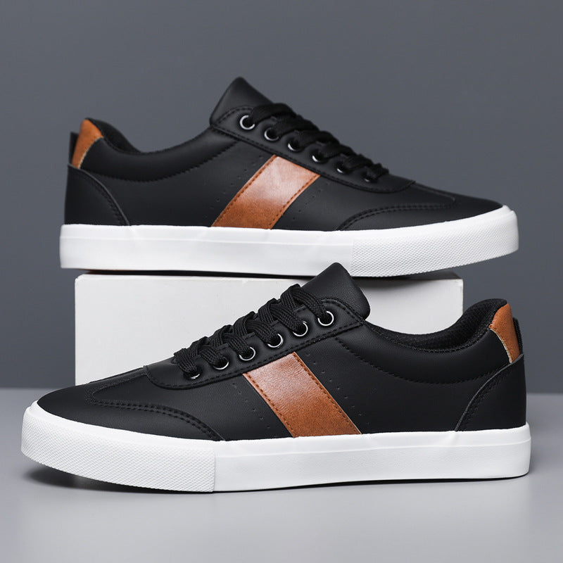 Men Leather Low-Top Sneakers with Brown Stripe and Cushioned Sole