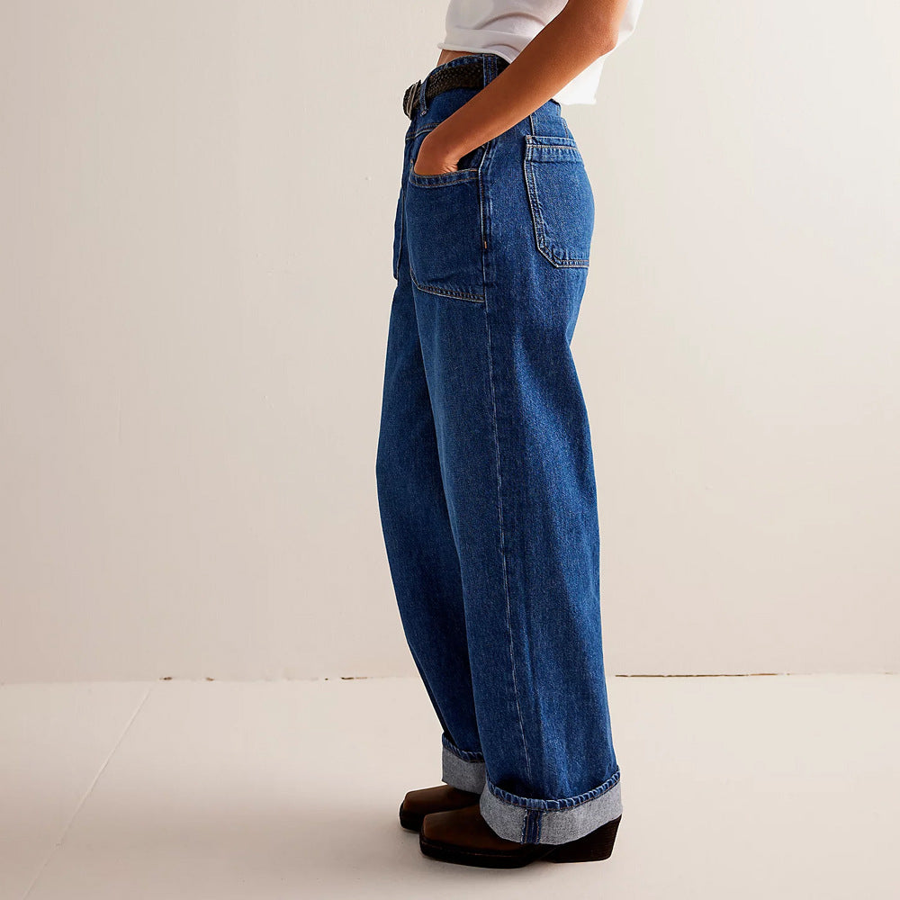 Women Wide-Leg Jeans with Mid-Rise Waist and Oversized Pockets