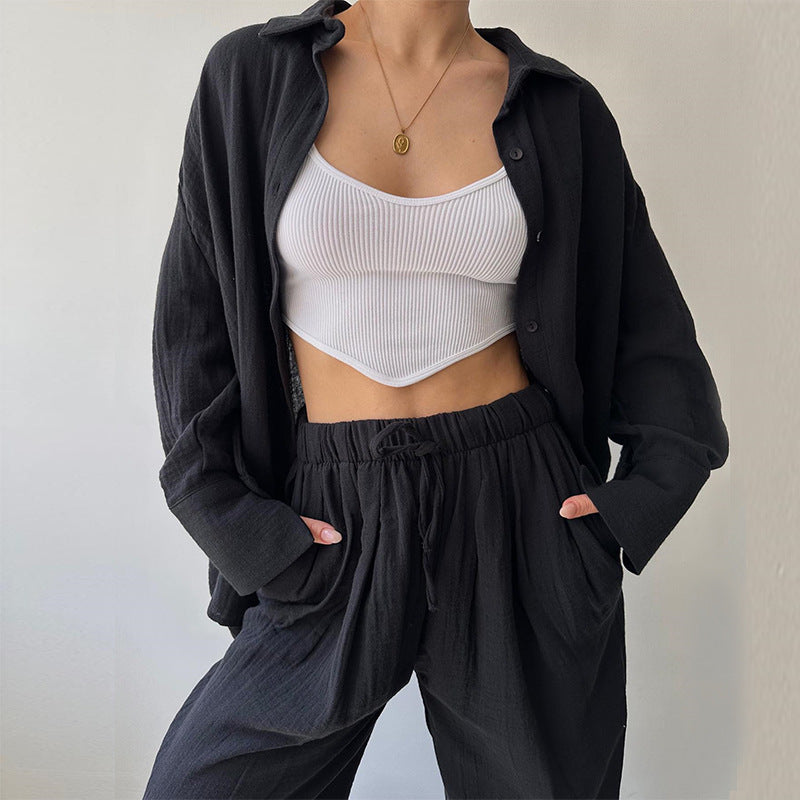 Women's Knitted Button-Up Shirt and Drawstring Pants Set