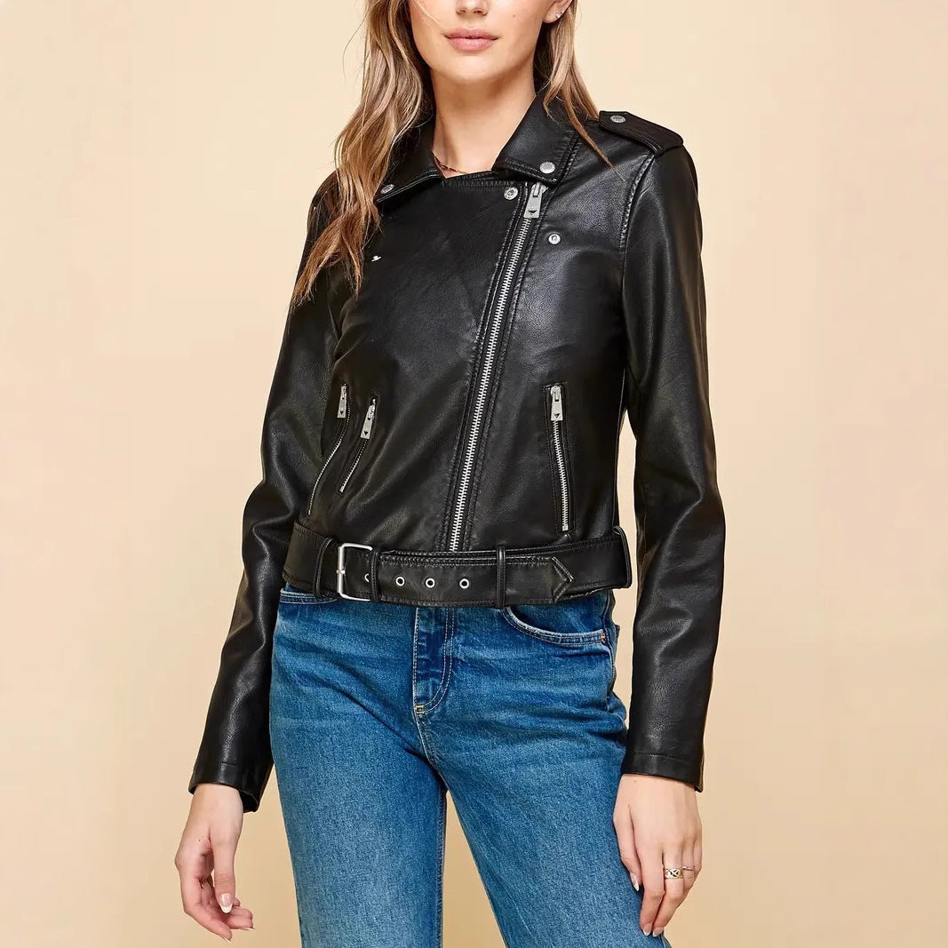 Women's Cropped Moto Leather Jacket with Adjustable Waist Belt