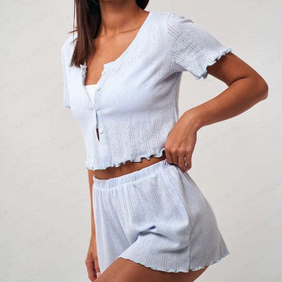 Women's Pajama Set with Diamond-Stitched Button-Up Top and Flutter-Edge Pants