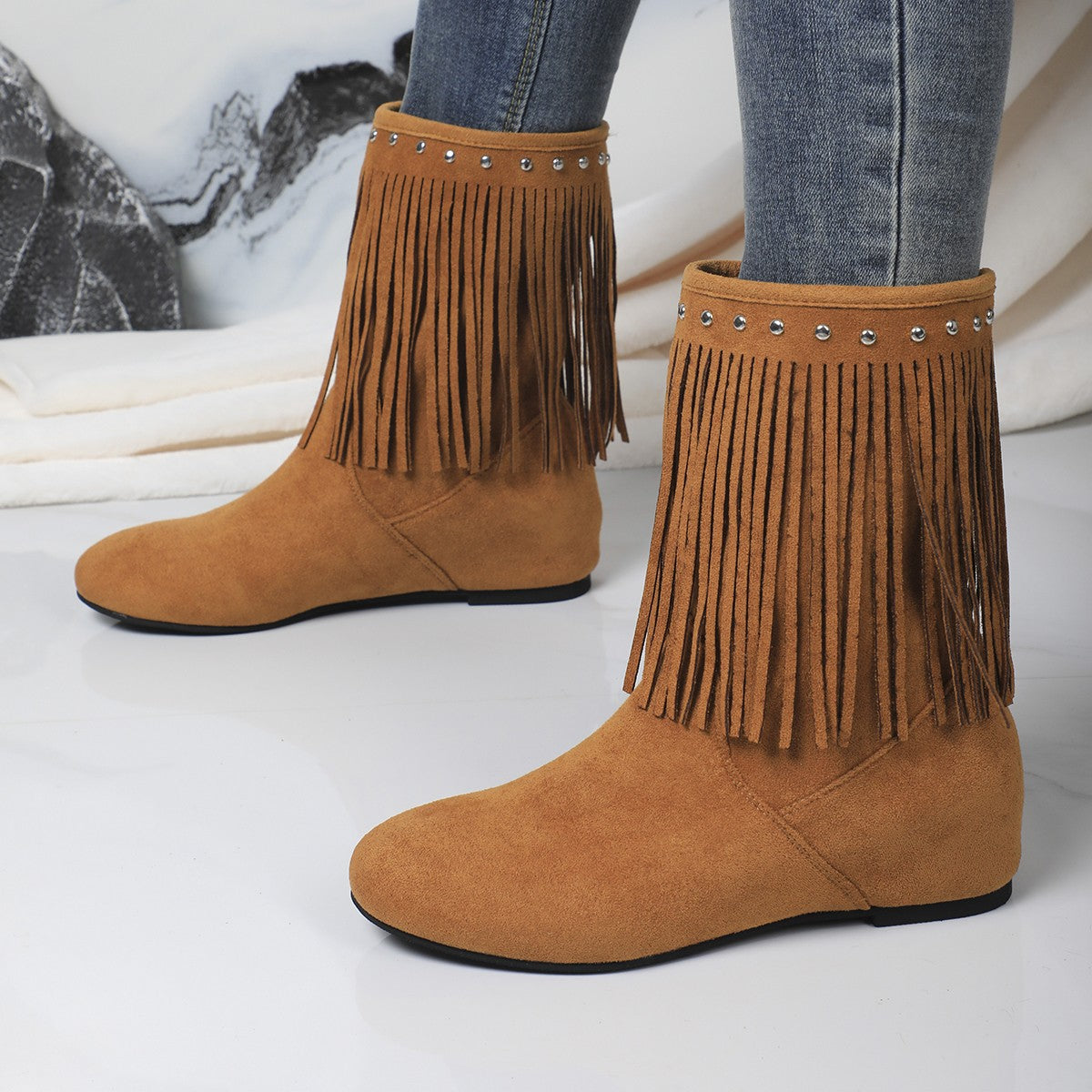 Women's Mid-Calf Suede Boots with Fringe Tassels and Cushioned Soles