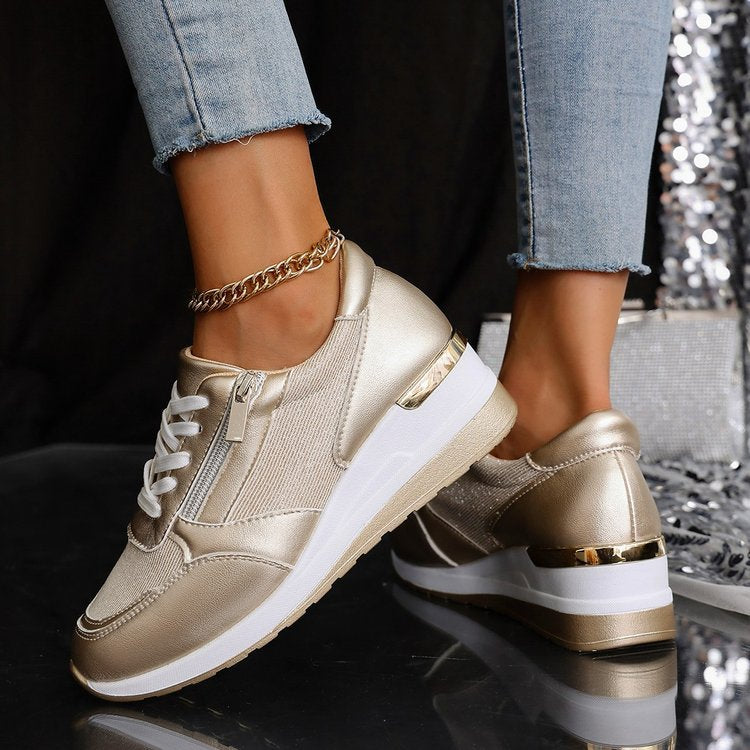 Women Platform Sneakers with Zipper Closure and Gloss Finish