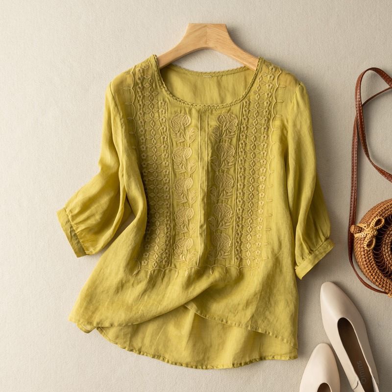 Women's Linen Shirt with Knitted Floral Detailing and Flowy Fit
