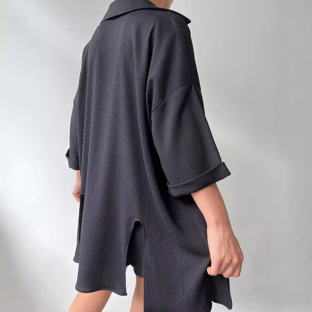 Women's Summer Button-Up Shirt and High-Waist Shorts Set