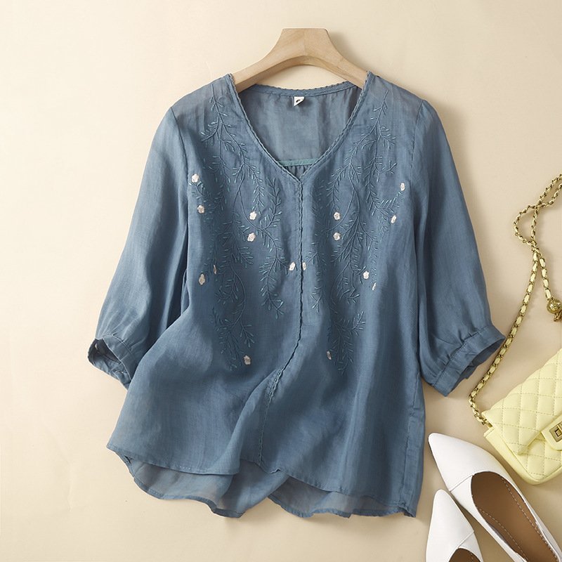 Women's Linen Blouse with Flowy Fit and Embroidered Floral Accents