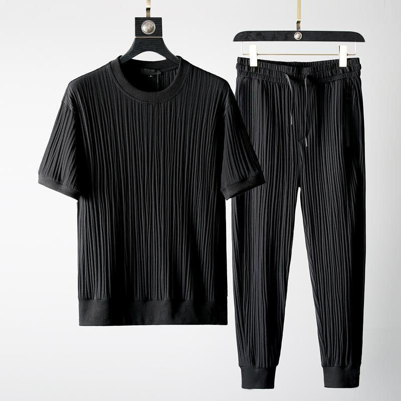 Men's Summer Short Sleeve Shirt and Shorts Set in Textured Cotton Blend
