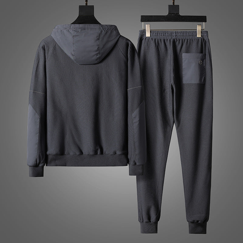 Men's Athletic Mesh Tracksuit Set with Zip Hoodie & Drawstring Joggers