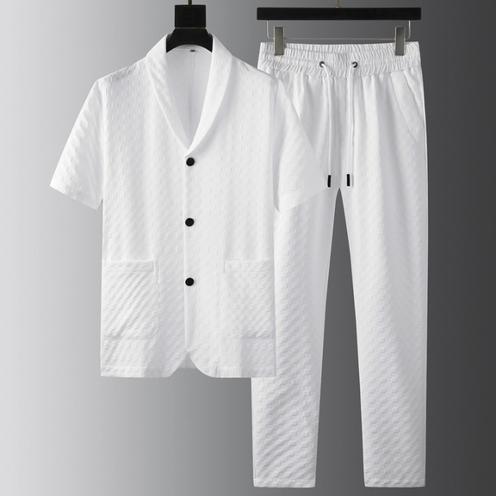 Men Textured Weave Drawstring Waist Shorts Set