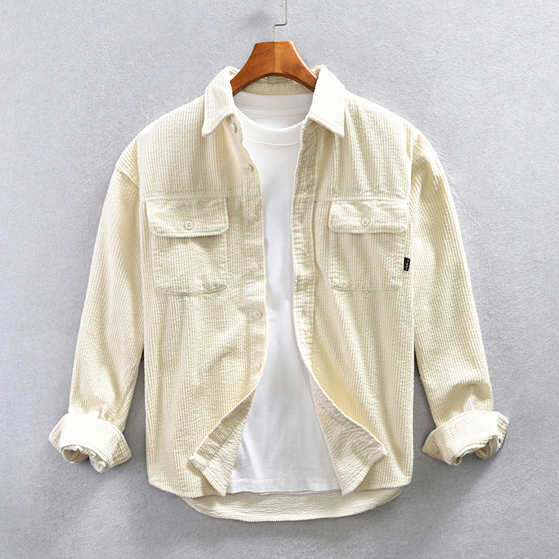 Men's Corduroy Shirt with Chest Pockets and Roll-Up Sleeves