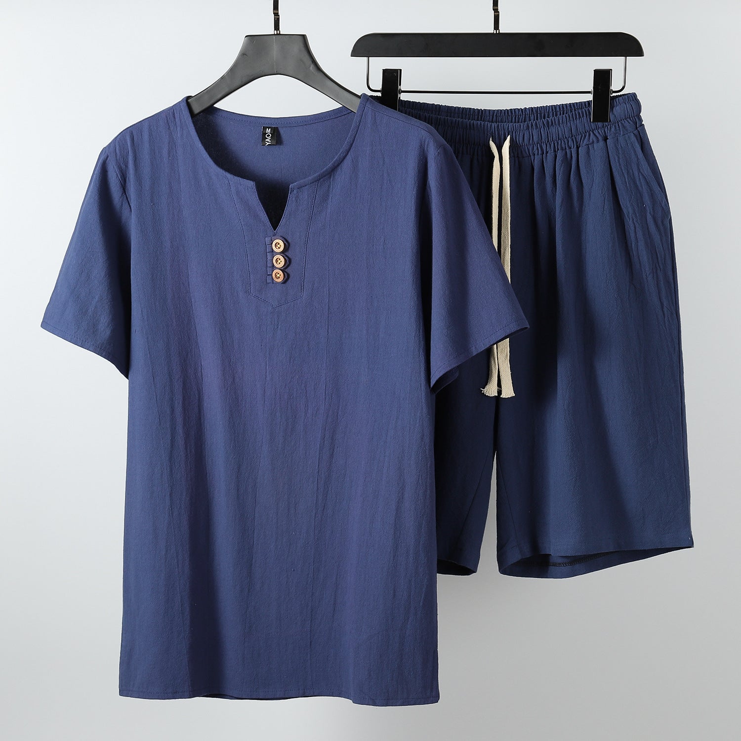 Men's Cotton Open-Neck Tee and Drawstring Shorts Set