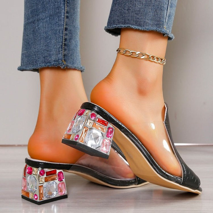 Women Block Heel Sandals Floral Pattern Slip-On Gemstone Embellished