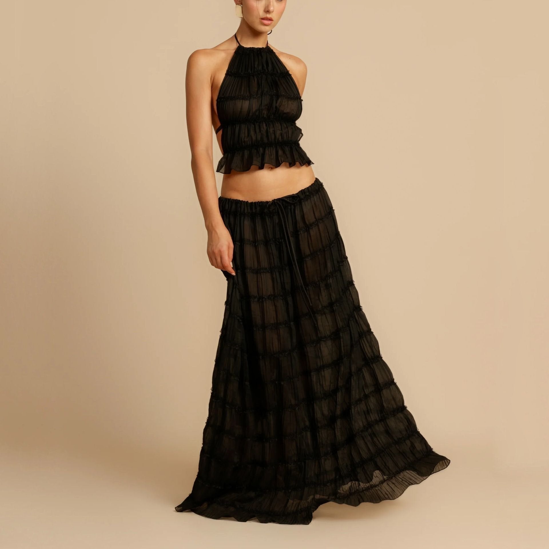 Women Halter Top Maxi Skirt Set with Smocked Bodice and Elastic Waistband