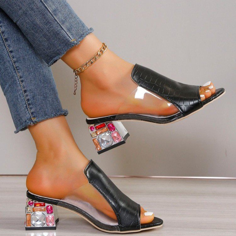 Women Block Heel Sandals Floral Pattern Slip-On Gemstone Embellished