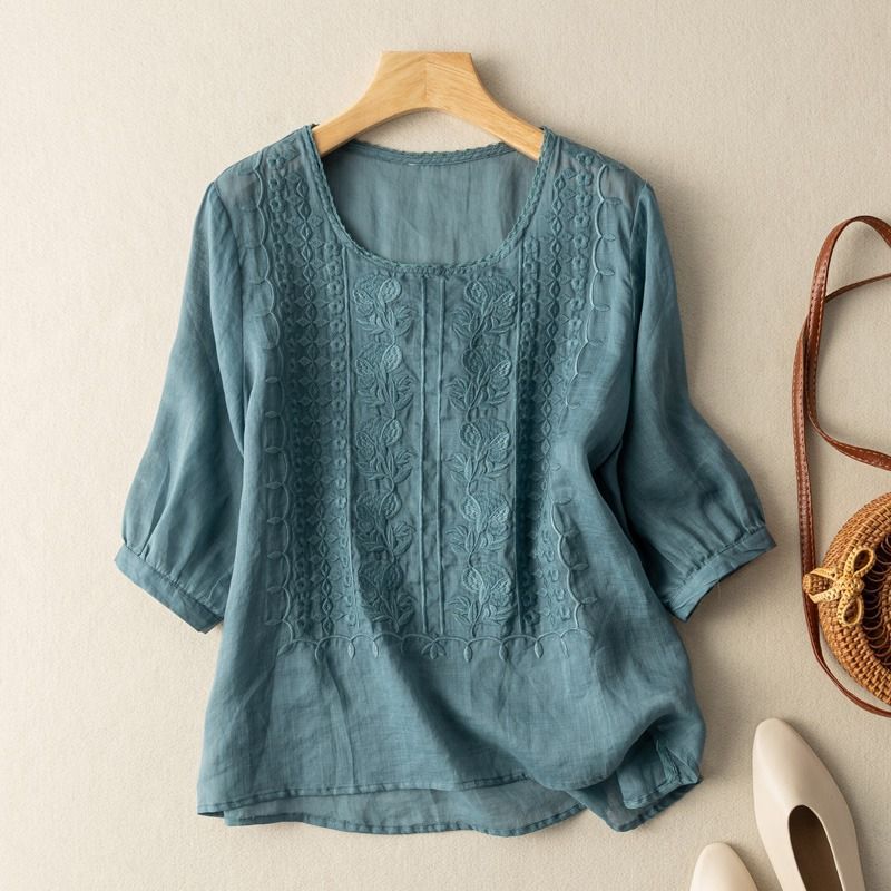 Women's Linen Shirt with Knitted Floral Detailing and Flowy Fit