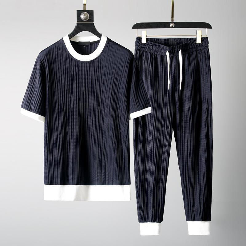 Men's Summer Short Sleeve Shirt and Shorts Set in Textured Cotton Blend