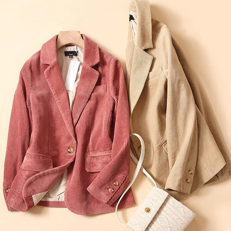 Women's Corduroy Blazer with Notched Lapel and Walnut Buttons