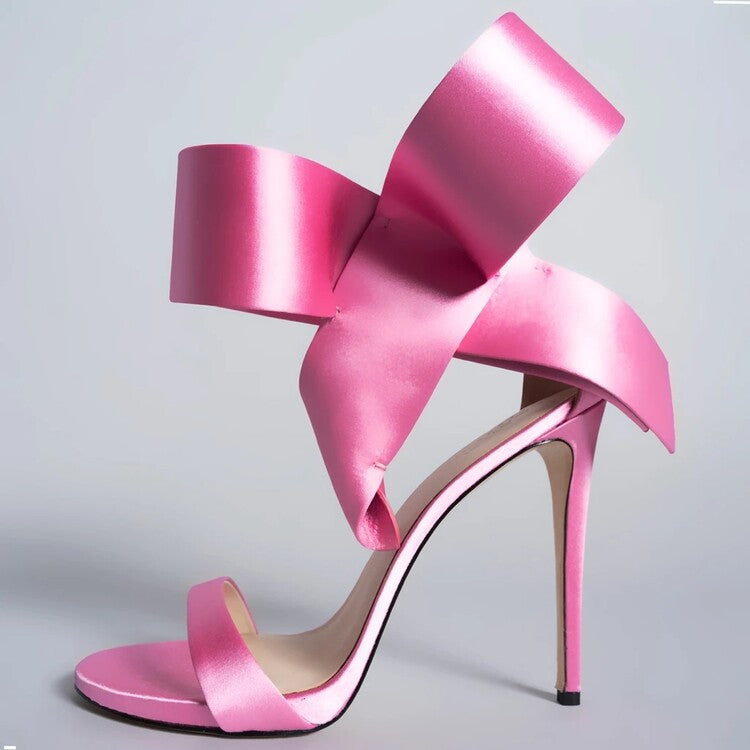 Women's Satin Stiletto Heels with Oversized Bow and Adjustable Ankle