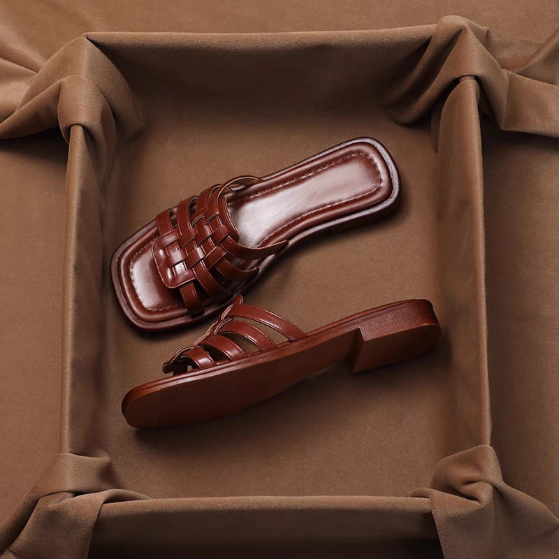 Women Summer Leather Sandals Hand-Woven Square Toe Soft Cushioned Footbed