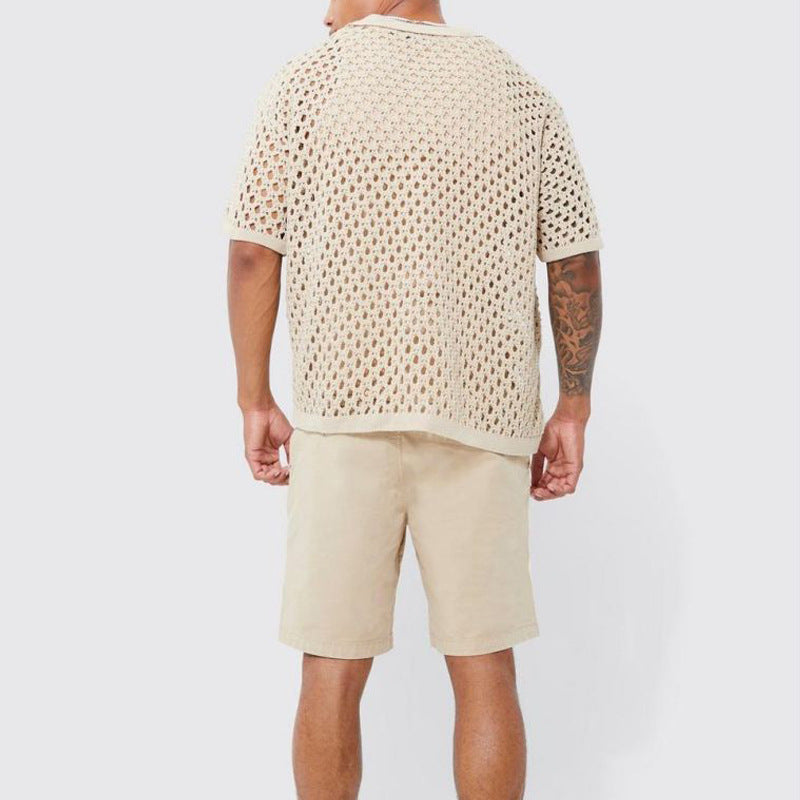 Men's Knitted Shirt Open-Weave Fabric Lay-Down Collar