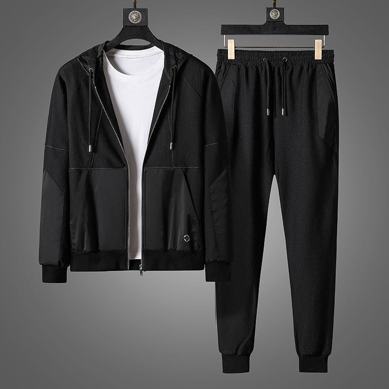 Men's Athletic Mesh Tracksuit Set with Zip Hoodie & Drawstring Joggers