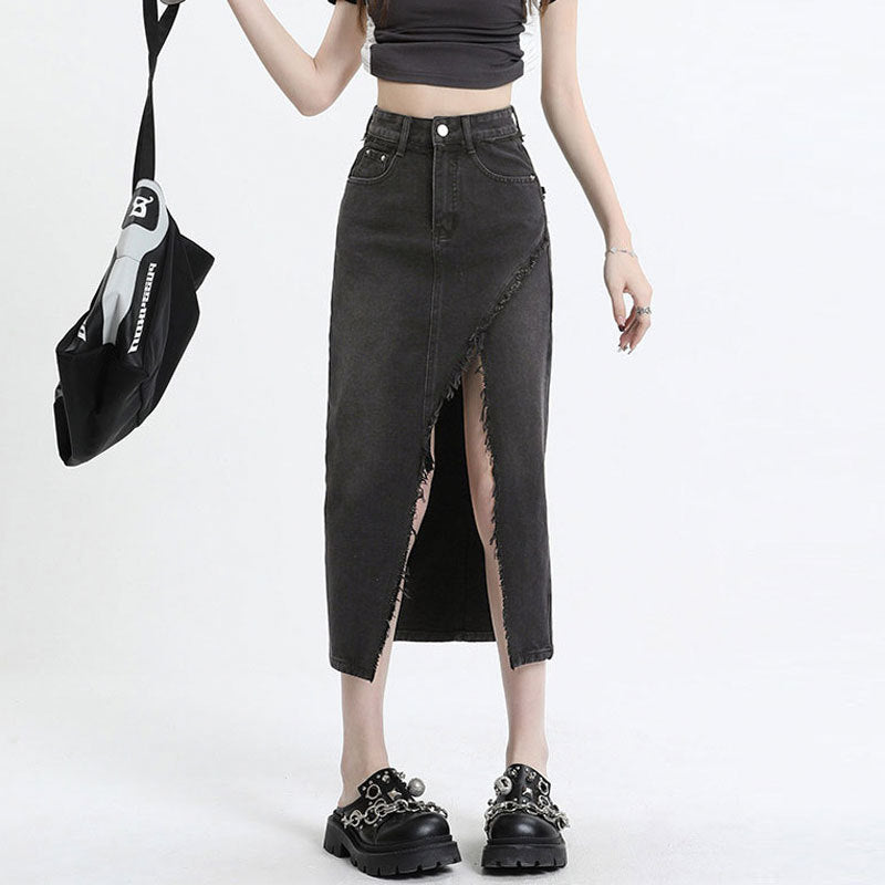 Women Denim Skirt with Front Split and Frayed Hem