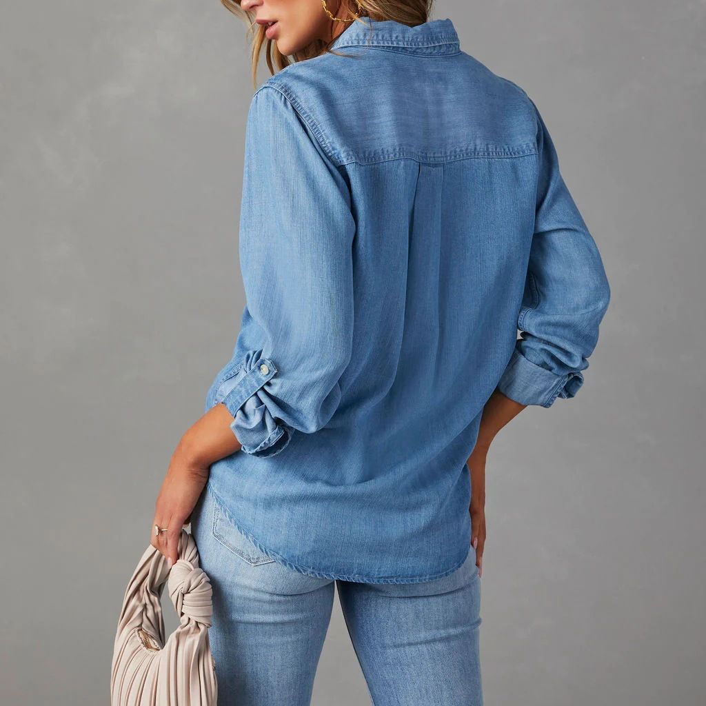 Women Denim Shirt with Double Chest Pocket and Button-Up Front