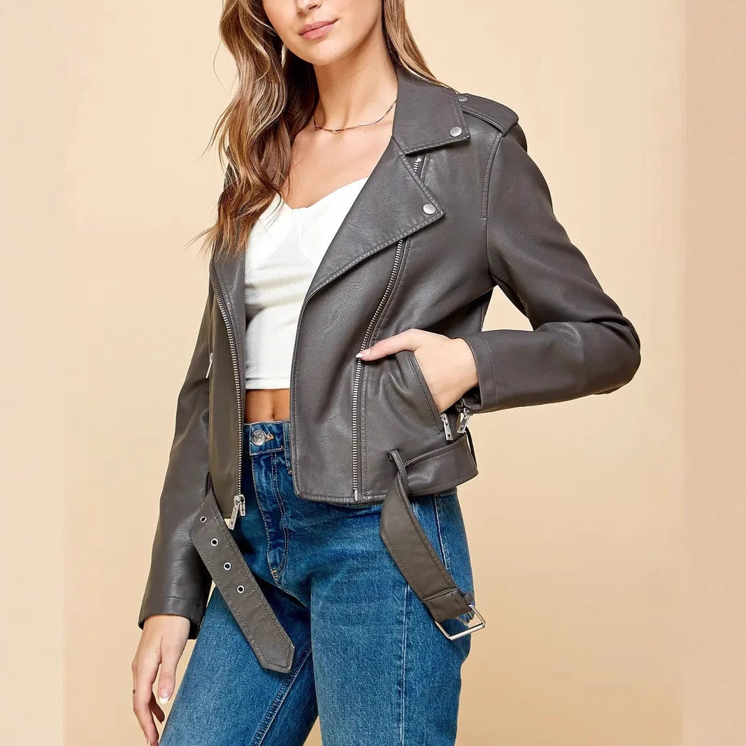 Women's Cropped Moto Leather Jacket with Adjustable Waist Belt