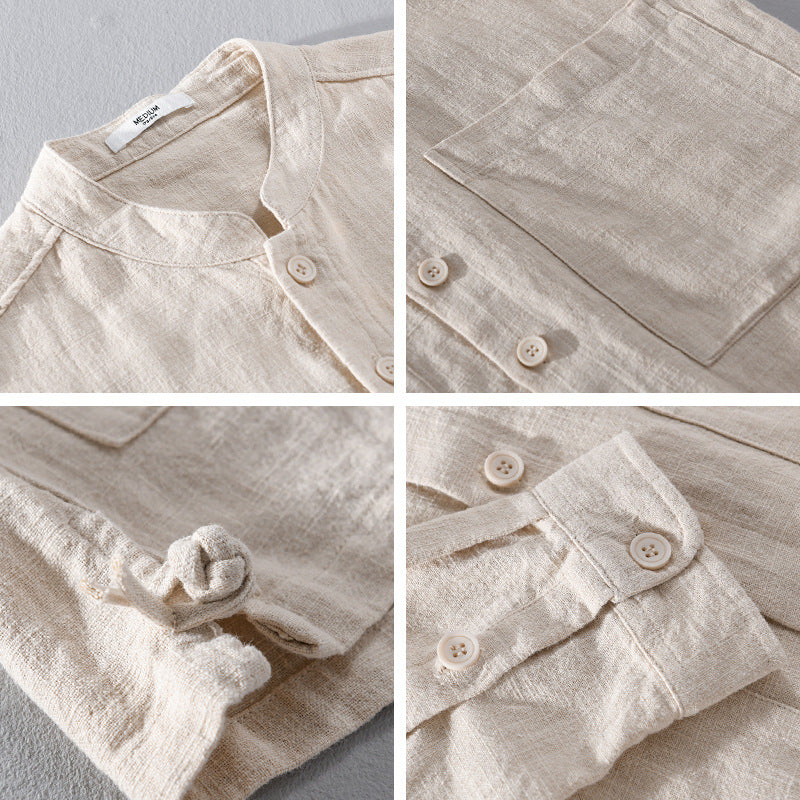 Men's Linen Shirt Button-Up Collarless Lightweight