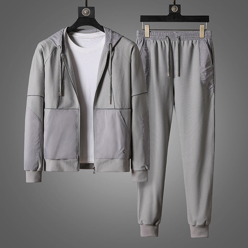 Men's Athletic Mesh Tracksuit Set with Zip Hoodie & Drawstring Joggers