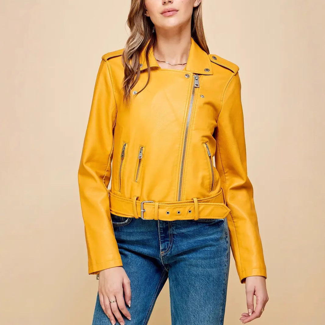 Women's Cropped Moto Leather Jacket with Adjustable Waist Belt