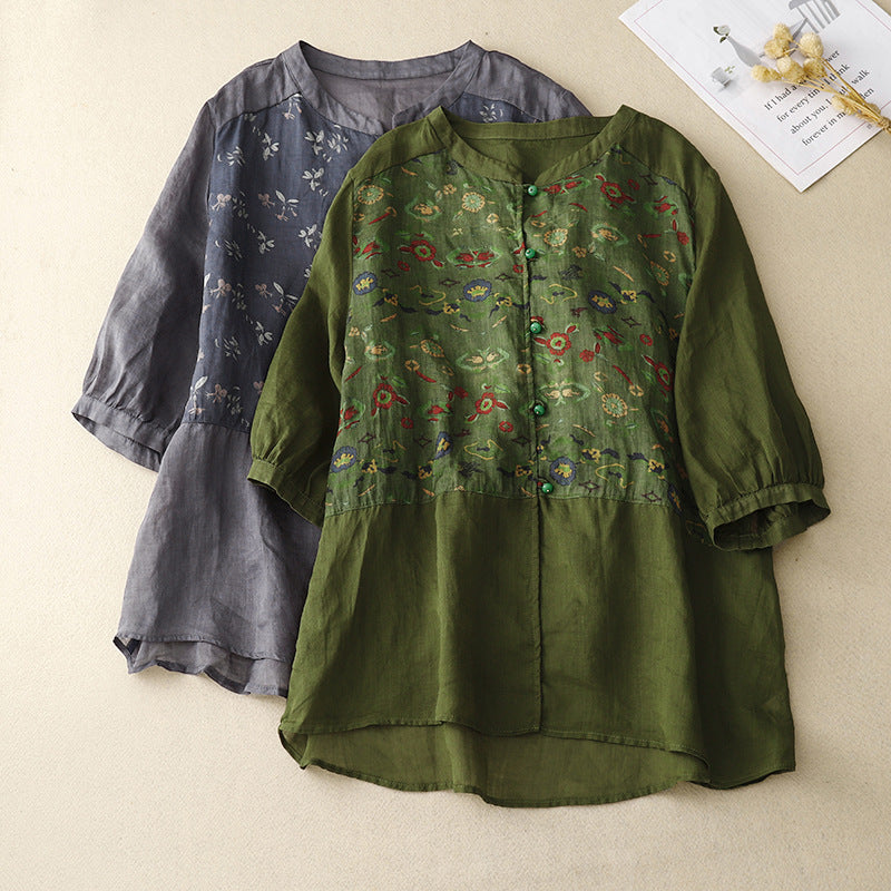 Women's Linen Embroidered Blouse and Wide-Leg Shorts Set