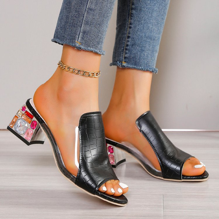 Women Block Heel Sandals Floral Pattern Slip-On Gemstone Embellished