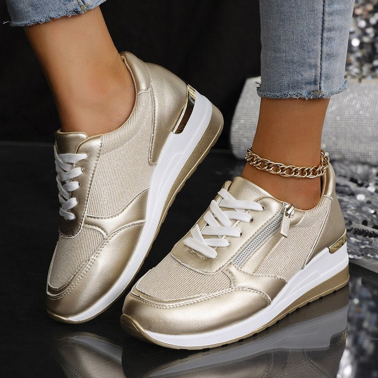 Women Platform Sneakers with Zipper Closure and Gloss Finish