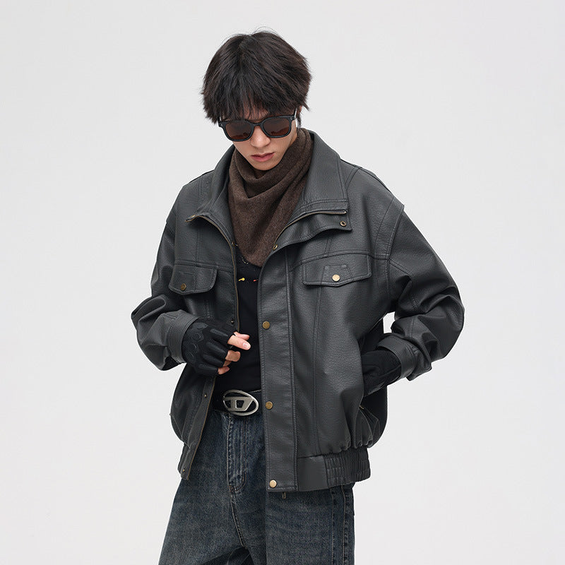 Men's Leather Bomber Jacket with Oversized Fit and Chest Pockets