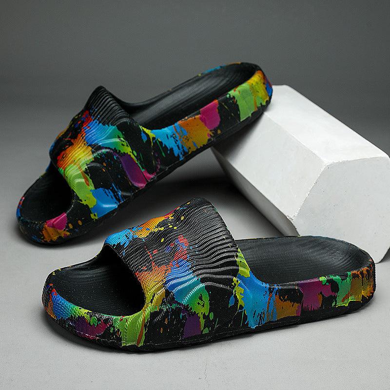 Women's Summer Sandals with Abstract Paint-Splash Design and Cushioned Sole