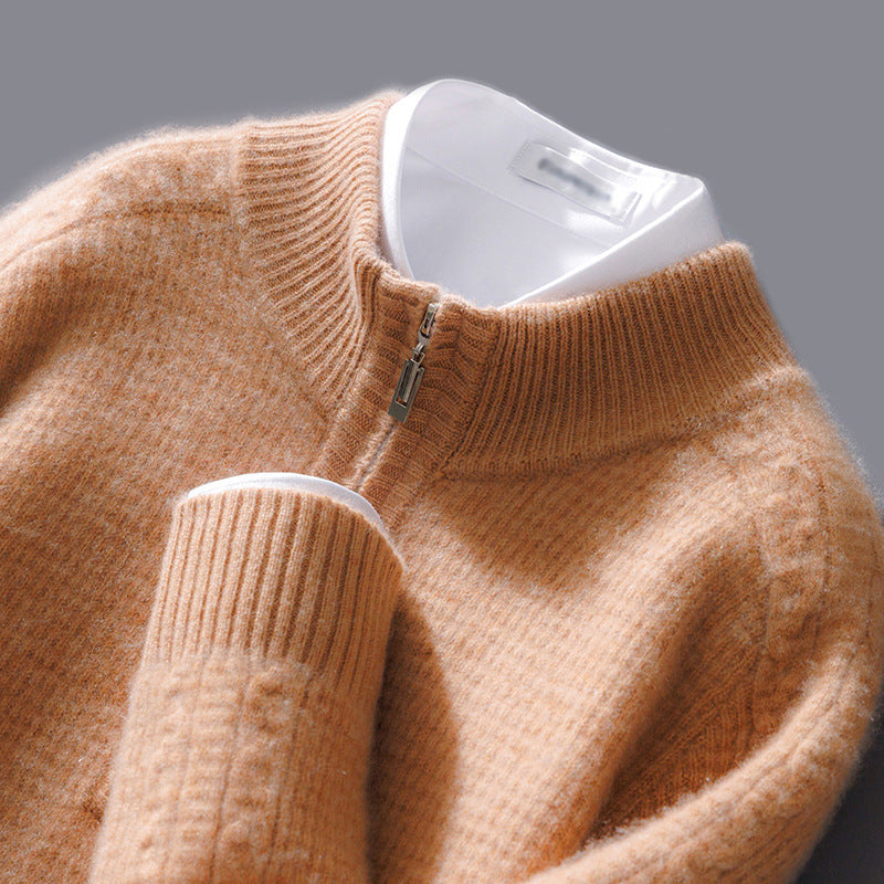Men's Zip-Front Cashmere Blend Sweater with Stippled Knit Pattern