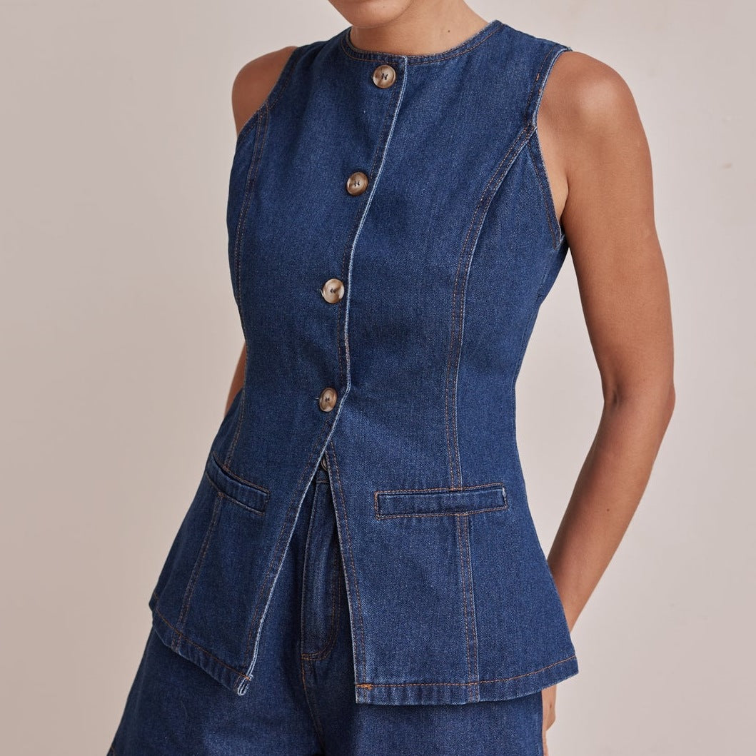 Women's Spring Denim Set with Sleeveless Top and Flowy Skirt