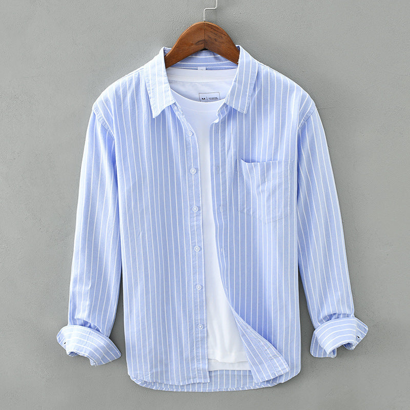 Men's Striped Woven Shirt with Laydown Collar and Button Closure