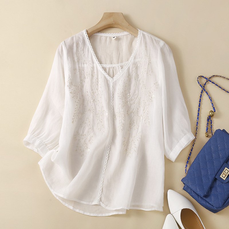 Women's Linen Blouse with Flowy Fit and Embroidered Floral Accents