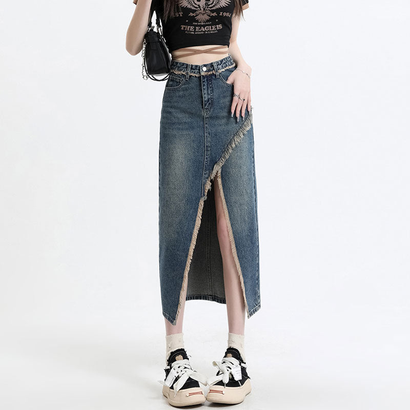 Women Denim Skirt with Front Split and Frayed Hem