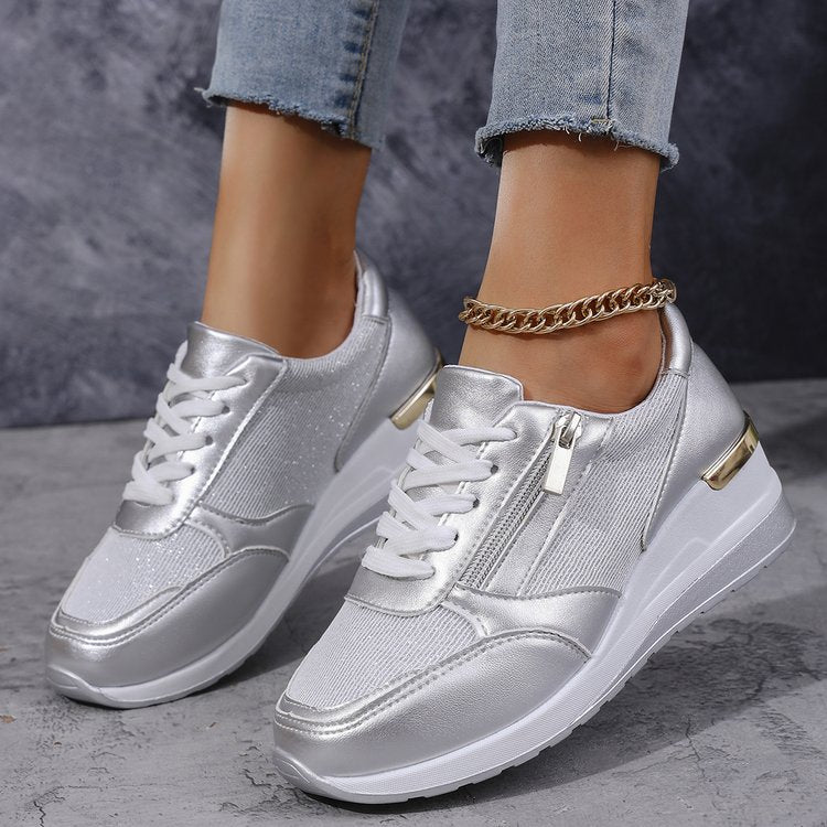 Women Platform Sneakers with Zipper Closure and Gloss Finish