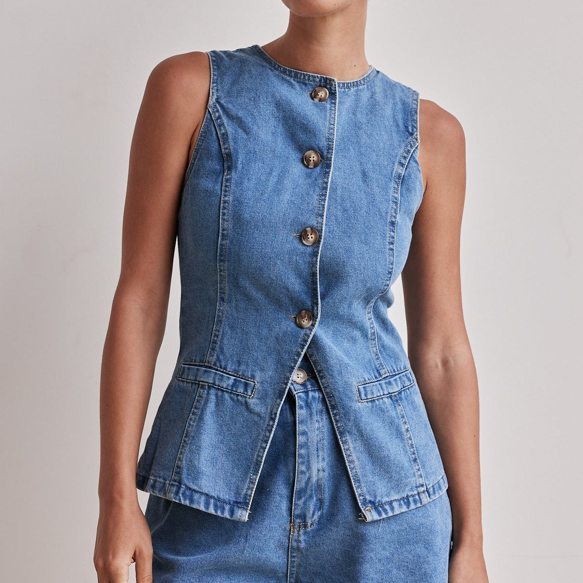 Women's Spring Denim Set with Sleeveless Top and Flowy Skirt