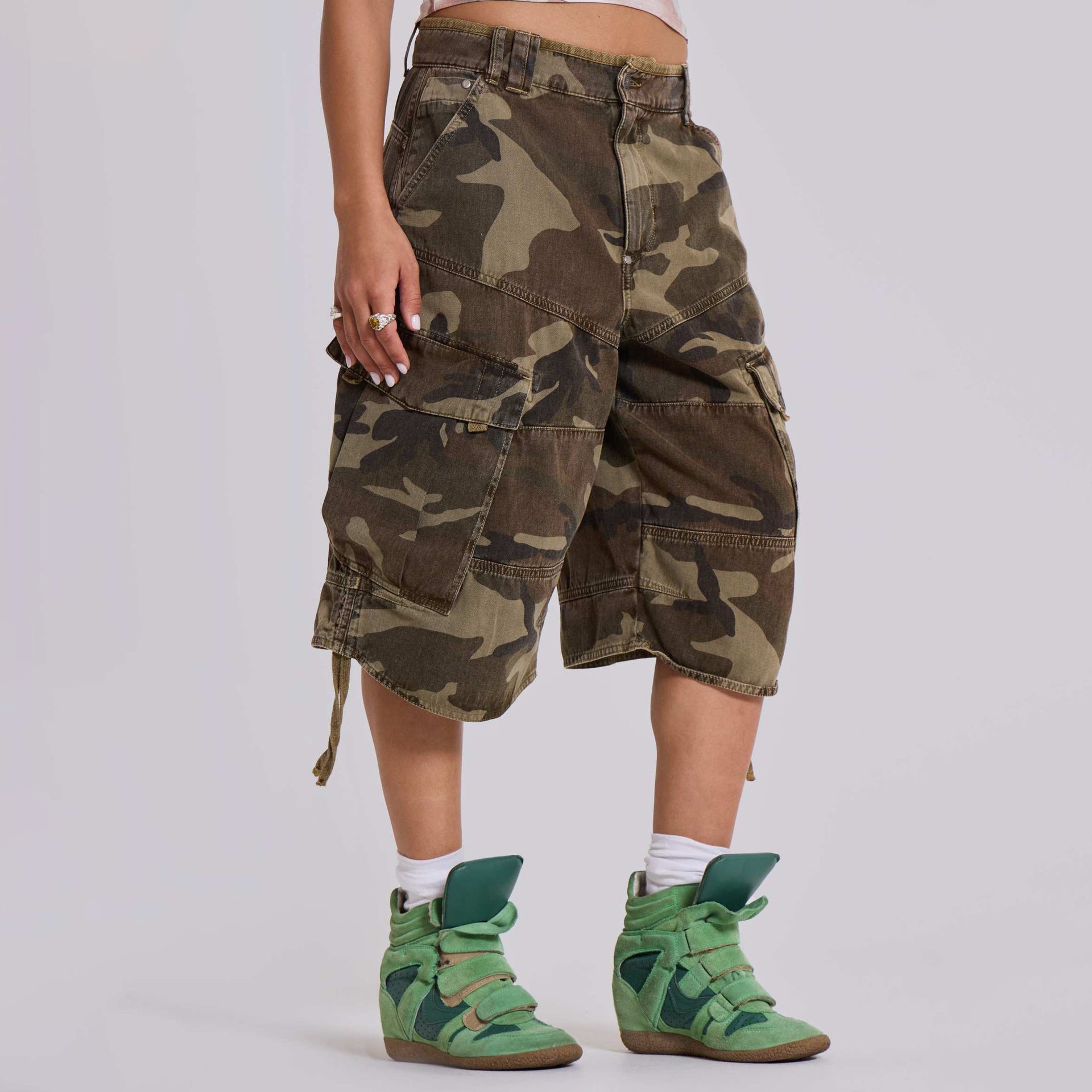 Women Cargo Shorts with Distressed Camo Wash and Oversized Fit